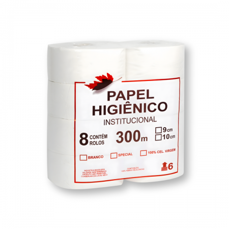 Papel Higiênico Institucional 100% Celulose Virgem (8 Rolos 300m x 10cm) - Leaf
