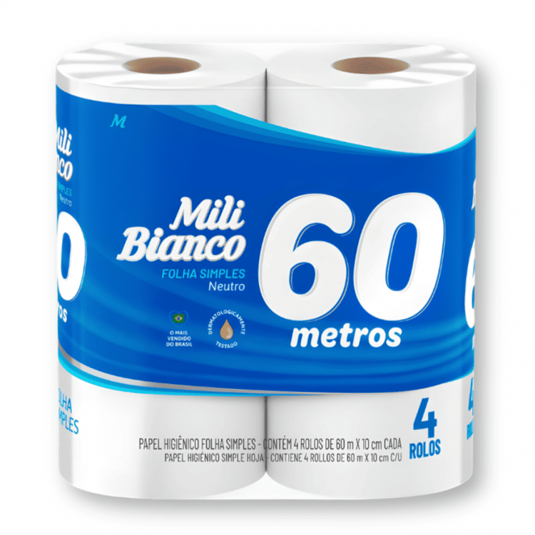 Papel Higiênico Bianco Folha Simples (60m x 10cm 04 rolos) - Mili