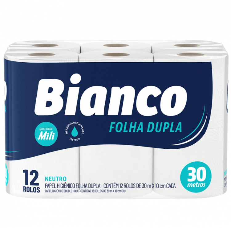 Papel Higiênico Bianco Folha Dupla (30m x 10cm 12 rolos) - Mili