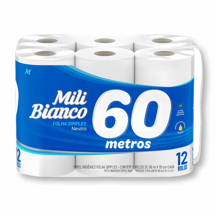 Papel Higiênico Bianco Folha Simples (60m x 10cm 12 rolos) - Mili